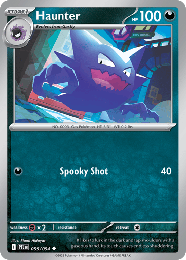 Haunter
Phantasmal Flames
Product Details
Card Number / Rarity:055/094 / Uncommon
Card Type / HP / Stage:Darkness / 100 / Stage 1
Attack 1:[D] Spooky Shot (40)
Weakness / Resistance / Retreat Cost:Fx2 / / 1
Artist:Rianti Hidayat