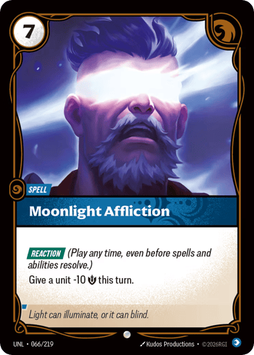 Rules
[Reaction] (Play any time, even before spells and abilities resolve.)
Give a unit -10 {M} this turn.
Energy
7
Might
-
Domain
Mind
Rarity
Common
Number
066/219
Artist
Kudos Productions
Expansion
Unleashed
