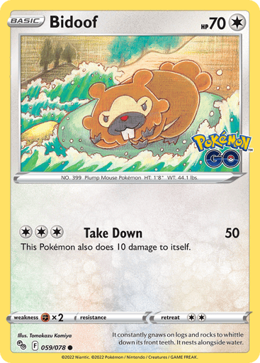 Bidoof
Pokemon GO
Product Details
Card Number / Rarity:059/078 / Common
Card Type / HP / Stage:Colorless / 70 / Basic
Attack 1:[3] Take Down (50)
This Pokémon also does 10 damage to itself.
Weakness / Resistance / Retreat Cost:Fx2 / None / 2