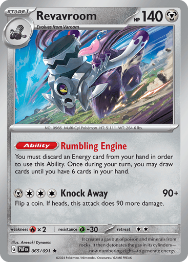 Revavroom
Paldean Fates
Product Details
Card Number / Rarity:065/091 / Rare
Card Type / HP / Stage:Metal / 140 / Stage 1
Card Text:Ability — Rumbling Engine
You must discard an Energy from your hand in order to use this Ability. Once during your turn, you may draw until you have 6 cards in your hand.
Attack 1:[3M] Knock Away (90+)
Flip a coin. If heads, this attack does 90 more damage.
Weakness / Resistance / Retreat Cost:Fx2 / G-30 / 2