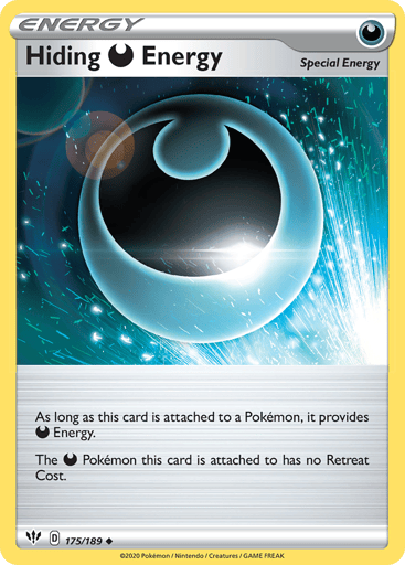 Hiding D Energy 
Darkness Ablaze 
Product Details
Card Number / Rarity:175/189 / Uncommon
Card Type / HP / Stage:Special Energy / /
Card Text:As long as this card is attached to a Pokémon, it provides Darkness Energy.
The Darkness Pokémon this card is attached to has no Retreat Cost.