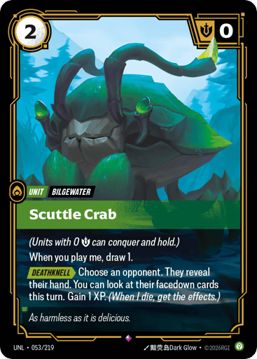 Rules
(Units with 0 {M} can conquer and hold.)
When you play me, draw 1.
[Deathknell][>] Choose an opponent. They reveal their hand. You can look at their facedown cards this turn. Gain 1 XP. (When I die, get the effects.)
Energy
2
Might
0
Domain
Calm
Rarity
Rare
Number
053/219
Artist
???Dark Glow
Expansion
Unleashed