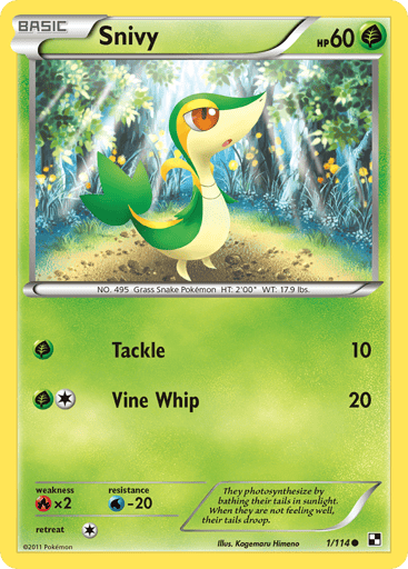 Snivy 
Black and White 
Product Details
Card Number / Rarity:1/114 / Common
Card Type / HP / Stage:Grass / 60 / Basic
Attack 1:[G] Tackle (10)
Attack 2:[1G] Vine Whip (20)
Weakness / Resistance / Retreat Cost:Rx2 / W-20 / 1