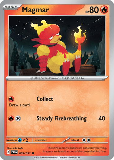 Magmar
Paldean Fates
Product Details
Card Number / Rarity:009/091 / Common
Card Type / HP / Stage:Fire / 80 / Basic
Weakness / Resistance / Retreat Cost:Wx2 / None / 2