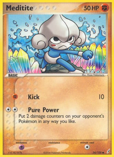 Meditite  
Crystal Guardians 
Product Details
Card Number / Rarity:56/100 / Common
Card Type / HP / Stage:Fighting / 50 / Basic
Attack 1:[F] Kick (10)
Attack 2:[2] Pure Power - Put 2 damage counters on your opponent's Pokemon in any way you like.
Weakness / Resistance / Retreat Cost:P / / 1