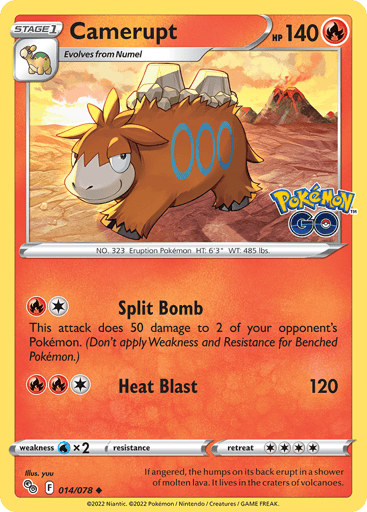Camerupt
Pokemon GO
Product Details
Card Number / Rarity:014/078 / Uncommon
Card Type / HP / Stage:Fire / 140 / Stage 1
Attack 1:[1R] Split Bomb
This attack does 50 damage to 2 of your opponent's Pokémon. (Don't apply Weakness and Resistance for Benched Pokémon.)
Attack 2:[1RR] Heat Blast (120)
Weakness / Resistance / Retreat Cost:Wx2 / None / 4