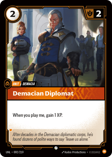 Rules
When you play me, gain 1 XP.
Energy
2
Might
2
Domain
Body
Rarity
Common
Number
092/219
Artist
Kudos Productions
Expansion
Unleashed