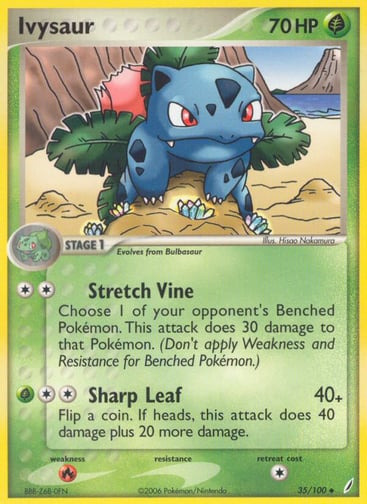 Ivysaur  
Crystal Guardians 
Product Details
Card Number / Rarity:35/100 / Uncommon
Card Type / HP / Stage:Grass / 70 / Stage 1
Attack 1:[2] Stretch Vine - Choose 1 of your opponent's Benched Pokemon. This attack does 30 damage to that Pokemon. (Don't apply Weakness and Resistance for Benched Pokemon.)
Attack 2:[2G] Sharp Leaf (40+) Flip a coin. If heads, this attack does 40 damage plus 20 more damage.
Weakness / Resistance / Retreat Cost:R / / 1