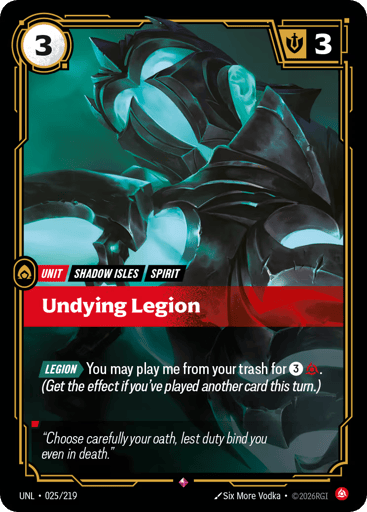 Rules
[Legion][>] You may play me from your trash for {3}{FR}. (Get the effect if you've played another card this turn.)
Energy
3
Might
3
Domain
Fury
Rarity
Rare
Number
025/219
Artist
Six More Vodka
Expansion
Unleashed