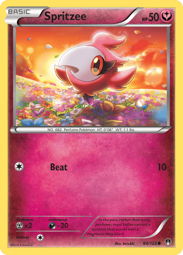 Spritzee  
BREAKpoint  
Product Details
Card Number / Rarity:84/122 / Common
Card Type / HP / Stage:Fairy / 50 / Basic
Attack 1:[1] Beat (10)
Weakness / Resistance / Retreat Cost:Mx2 / D-20 / 1