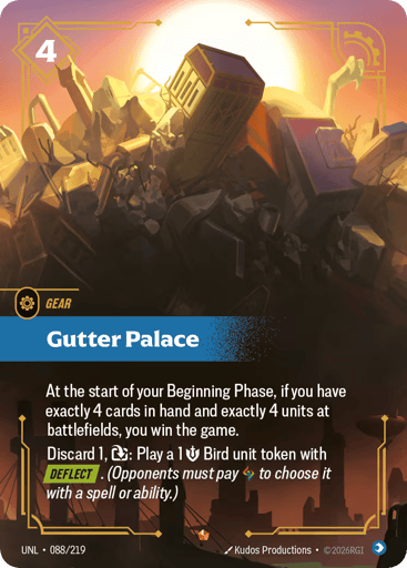 Rules
At the start of your Beginning Phase, if you have exactly 4 cards in hand and exactly 4 units at battlefields, you win the game.
Discard 1, {E}: Play a 1 {M} Bird unit token with [Deflect]. (Opponents must pay {RR} to choose it with a spell or ability.)
Energy
4
Might
-
Domain
Mind
Rarity
Epic
Number
088/219
Artist
Kudos Productions
Expansion
Unleashed