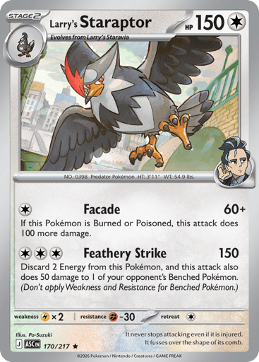 Larry's Staraptor
Ascended Heroes
Product Details
Card Number / Rarity:170/217 / Rare
Card Type / HP / Stage:Colorless / 150 / Stage 2
Attack 1:[C] Facade (60+)
If this Pokemon is Burned or Poisoned, this attack does 100 more damage.
Attack 2:[CCC] Feathery Strike (150)
Discard 2 Energy from this Pokemon, and this attack also does 50 damage to 1 of your opponent's Benched Pokemon. (Don't apply Weakness and Resistance for Benched Pokemon.)
Weakness / Resistance / Retreat Cost:Lx2 / F-30 / 1