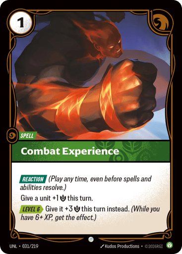 Rules
[Reaction] (Play any time, even before spells and abilities resolve.)
Give a unit +1 {M} this turn.
[Level 6][>] Give it +3 {M} this turn instead. (While you have 6+ XP, get the effect.)
Energy
1
Might
-
Domain
Calm
Rarity
Common
Number
031/219
Artist
Kudos Productions
Expansion
Unleashed