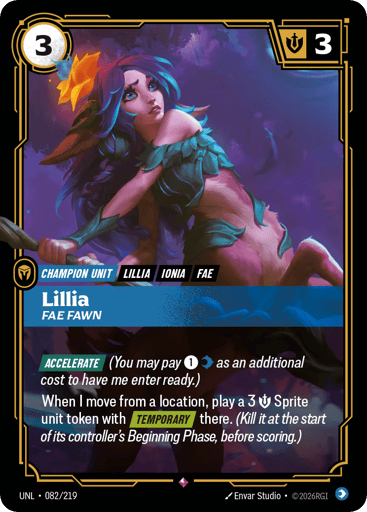 Rules
[Accelerate] (You may pay {1}{MR} as an additional cost to have me enter ready.)
When I move from a location, play a 3 {M} Sprite unit token with [Temporary] there. (Kill it at the start of its controller's Beginning Phase, before scoring.)
Energy
3
Might
3
Domain
Mind
Rarity
Rare
Number
082/219
Artist
Envar Studio
Expansion
Unleashed
