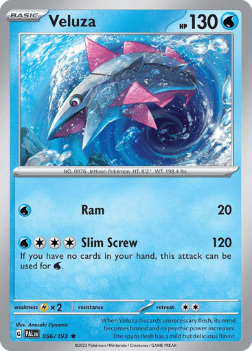 Veluza
Paldea Evolved
Product Details
Card Number / Rarity:056/193 / Rare
Card Type / HP / Stage:Water / 130 / Basic
Attack 1:[W] Ram (20)
Attack 2:[3W] Slim Screw (120)
If you don’t have any cards in your hand, this attack can be used for 1 W Energy.
Weakness / Resistance / Retreat Cost:Lx2 / None / 2