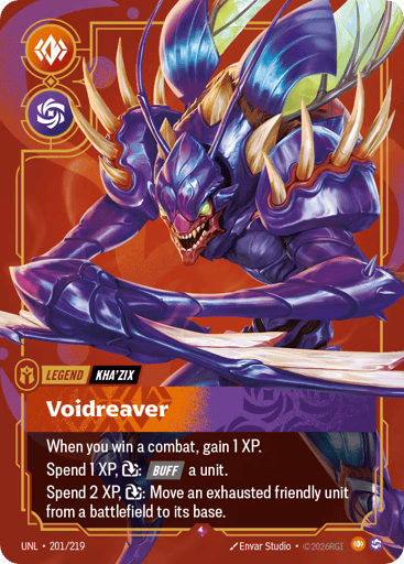Rules
When you win a combat, gain 1 XP.
Spend 1 XP, {E}: [Buff] a unit.
Spend 2 XP, {E}: Move an exhausted friendly unit from a battlefield to its base.
Energy
-
Might
-
Domain
Body
Rarity
Rare
Number
201/219
Artist
Envar Studio
Expansion
Unleashed