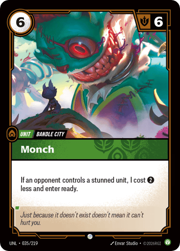 Rules
If an opponent controls a stunned unit, I cost {2} less and enter ready.
Energy
6
Might
6
Domain
Calm
Rarity
Common
Number
035/219
Artist
Envar Studio
Expansion
Unleashed