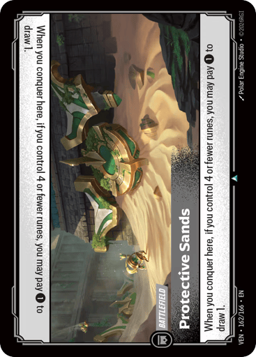 Protective Sands
Vendetta
Product Details
When you conquer here, if you control 4 or fewer runes, you may pay 1 to draw 1.
Rarity:Uncommon
Number:162/166
Card Type:Battlefield