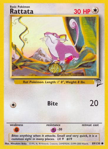 Rattata 
Base Set 2  
Product Details
Card Number / Rarity:089/130 / Common
Card Type / HP / Stage:Colorless / 30 / Basic
Attack 1:[1] Bite (20)
Weakness / Resistance / Retreat Cost:F / P-30 /