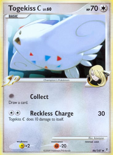 Togekiss C 
Supreme Victors 
Product Details
Card Number / Rarity:86 / Uncommon
Card Type / HP / Stage:Colorless / 70 / Basic
Attack 1:[0] Collect - Draw a card.
Attack 2:[2] Reckless Charge (30) Togekiss C does 10 damage to itself.
Weakness / Resistance / Retreat Cost:Lx2 / F-20 / 0