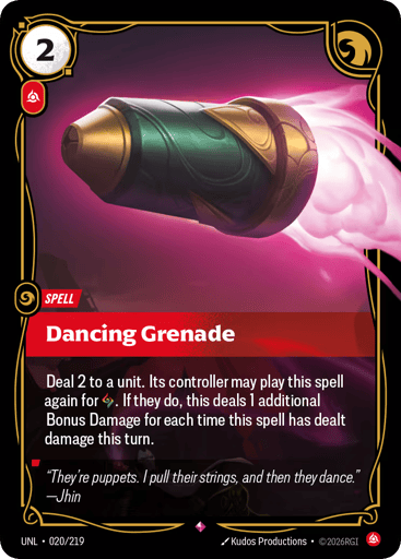 Rules
Deal 2 to a unit. Its controller may play this spell again for {RR}. If they do, this deals 1 additional Bonus Damage for each time this spell has dealt damage this turn.
Energy
2
Might
-
Domain
Fury
Rarity
Rare
Number
020/219
Artist
Kudos Productions
Expansion
Unleashed