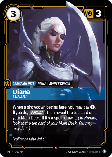 Rules
When a showdown begins here, you may pay {1}. If you do, [Predict], then reveal the top card of your Main Deck. If it's a spell, draw it. (To Predict, look at the top card of your Main Deck. You may recycle it.)
Energy
3
Might
3
Domain
Mind
Rarity
Rare
Number
079/219
Artist
Six More Vodka
Expansion
Unleashed