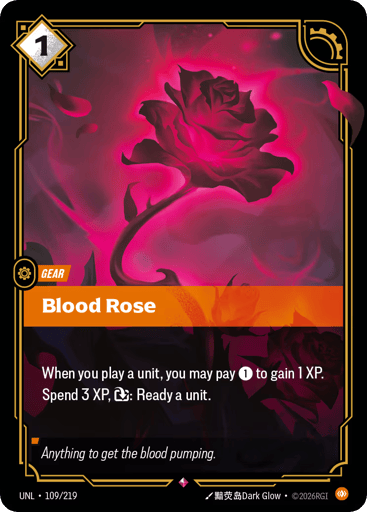 Rules
When you play a unit, you may pay {1} to gain 1 XP.
Spend 3 XP, {E}: Ready a unit.
Energy
1
Might
-
Domain
Body
Rarity
Rare
Number
109/219
Artist
???Dark Glow
Expansion
Unleashed