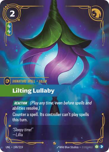 Rules
[Reaction] (Play any time, even before spells and abilities resolve.)
Counter a spell. Its controller can't play spells this turn.
Energy
2
Might
-
Domain
Calm
Rarity
Epic
Number
190/219
Artist
Wild Blue Studio/???
Expansion
Unleashed