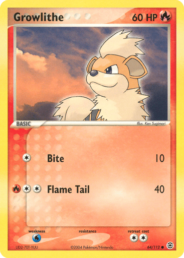 Growlithe  
FireRed & LeafGreen 
Product Details
Card Number / Rarity:64/112 / Common
Card Type / HP / Stage:Fire / 60 / Basic
Attack 1:[1] Bite (10)
Attack 2:[2R] Flame Tail (40)
Weakness / Resistance / Retreat Cost:W / None / 2