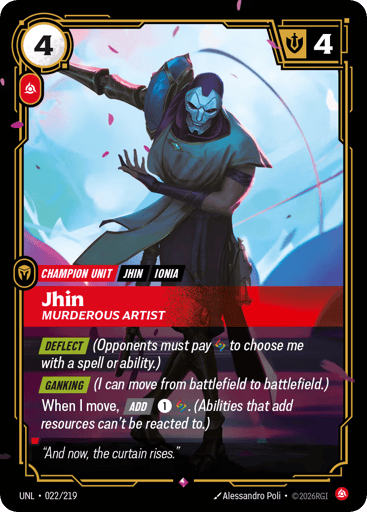 Rules
[Deflect] (Opponents must pay {RR} to choose me with a spell or ability.)
[Ganking] (I can move from battlefield to battlefield.)
When I move, [Add] {1}{RR}. (Abilities that add resources can't be reacted to.)
Energy
4
Might
4
Domain
Fury
Rarity
Rare
Number
022/219
Artist
Alessandro Poli
Expansion
Unleashed