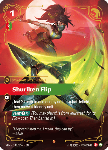 Shuriken Flip
Vendetta
Product Details
Deal 2 to up to one enemy unit at a battlefield, then move a friendly unit.
[FLOW 3 and 1 Rune] (You may play this from your trash for its Flow cost. Then banish it.)
Rarity:Epic
Number:140/166
Energy Cost:1
Power Cost:1
Card Type:Signature Spell
Tag:Akali
Domain:Fury;Calm
Flavor Text:"They can't stop me. I mean, they can try."
—Akali