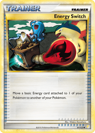 Energy Switch (Raichu) 
HGSS Trainer Kit: Gyarados & Raichu 
Product Details
Card Number / Rarity:29/30 / Common
Card Type / HP / Stage:Item / /
Card Text:Move a basic Energy card attached to 1 of your Pokemon to another of your Pokemon.