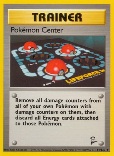 Pokemon Center 
Base Set 2 
Product Details
Card Number / Rarity:114/130 / Uncommon
Card Type / HP / Stage:Trainer / /
Card Text:Remove all damage counters from all of your own Pokémon with damage counters on them, then discard all Energy cards attached to those Pokémon.