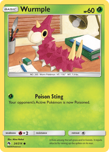 Wurmple
Lost Thunder
Product Details
Card Number / Rarity:24/214 / Common
Card Type / HP / Stage:Grass / 60 / Basic
Attack 1:[G] Poison Sting
Your opponent's Active Pokemon is now Poisoned.
Weakness / Resistance / Retreat Cost:Rx2 / None / 1