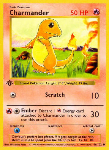 Charmander (1st Edition) 
Base Set (Shadowless) 
Product Details
Card Number / Rarity:046/102 / Common
Card Type / HP / Stage:Fire / 50 / Basic
Attack 1:[1] Scratch (10)
Attack 2:[1R] Ember (30)
Discard 1 Fire Energy card attached to Charmander in order to use this attack.
Weakness / Resistance / Retreat Cost:W / / 1