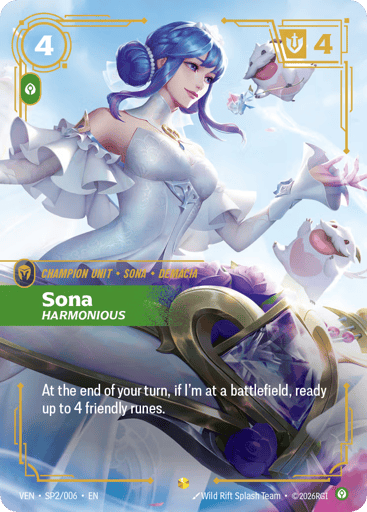 Sona, Harmonious
Vendetta
Product Details
At the end of your turn, if I'm at a battlefield, ready up to 4 friendly runes.
Rarity:Showcase
Number:SP2/006
Energy Cost:4
Power Cost:1
Might:4
Card Type:Champion Unit
Tag:Demacia;Sona
Domain:Calm