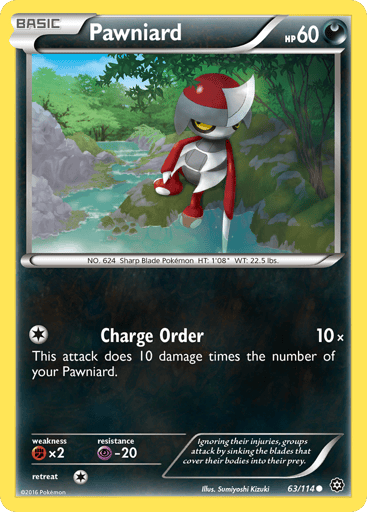 Pawniard  
Steam Siege  
Product Details
Card Number / Rarity:63/114 / Common
Card Type / HP / Stage:Darkness / 60 / Basic
Attack 1:[1] Charge Order (10x)
This attack does 10 damage times the number of your Pawniard.
Weakness / Resistance / Retreat Cost:Fx2 / P-20 / 1
