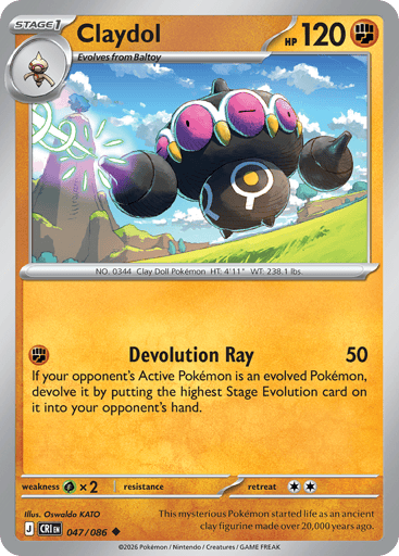 Claydol 
Product Details
Card Number / Rarity:047/086 / Uncommon
Card Type / HP / Stage:Fighting / 120 / Stage 1
Attack 1:[F] Devolution Ray (50)
If your opponent's Active Pokemon is an evolved Pokémon, devolve it by putting the highest Stage Evolution card on it into your opponent's hand.
Weakness / Resistance / Retreat Cost:Gx2 / / 2