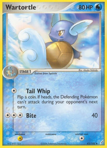 Wartortle  
Crystal Guardians 
Product Details
Card Number / Rarity:43/100 / Uncommon
Card Type / HP / Stage:Water / 80 / Stage 1
Attack 1:[1] Tail Whip - Flip a coin. If heads, the Defending Pokemon can't attack during your opponent's next turn.
Attack 2:[3] Bite (40)
Weakness / Resistance / Retreat Cost:L / / 1