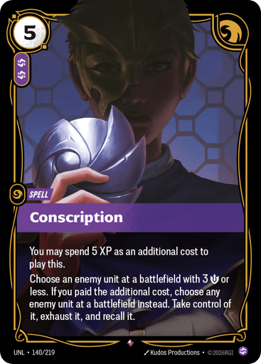 Rules
You may spend 5 XP as an additional cost to play this.
Choose an enemy unit at a battlefield with 3 {M} or less. If you paid the additional cost, choose any enemy unit at a battlefield instead. Take control of it, exhaust it, and recall it.
Energy
5
Might
-
Domain
Chaos
Rarity
Rare
Number
140/219
Artist
Kudos Productions
Expansion
Unleashed