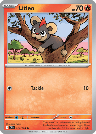 Litleo 
Product Details
Card Number / Rarity:014/086 / Common
Card Type / HP / Stage:Fire / 70 / Basic
Attack 1:[C] Tackle (10)
Weakness / Resistance / Retreat Cost:Wx2 / / 1