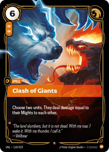 Rules
Choose two units. They deal damage equal to their Mights to each other.
Energy
6
Might
-
Domain
Body
Rarity
Rare
Number
110/219
Artist
Polar Engine Studio
Expansion
Unleashed