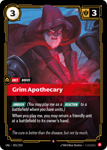 Rules
[Ambush] (You may play me as a [Reaction] to a battlefield where you have units.)
When you play me, you may return a friendly unit at a battlefield to its owner's hand.
Energy
3
Might
3
Domain
Fury
Rarity
Rare
Number
021/219
Artist
Wild Blue Studios
Expansion
Unleashed