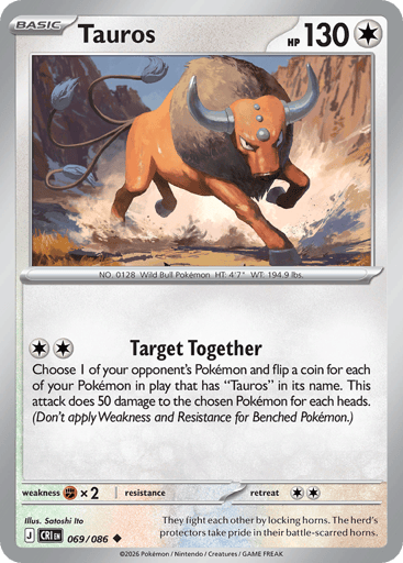 Tauros
Product Details
Card Number / Rarity:069/086 / Uncommon
Card Type / HP / Stage:Colorless / 130 / Basic
Attack 1:[CC] Target Together
Choose 1 of your opponent's Pokémon and flip a coin for each of your Pokémon in play that has "Tauros" in its name. This attack does 50 damage to the chosen Pokémon for each heads. (Don't apply Weakness and Resistance for Benched Pokémon.)
Weakness / Resistance / Retreat Cost:Fx2 / / 2