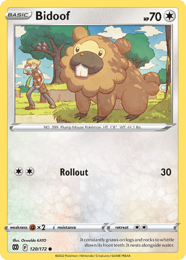 Bidoof
Brilliant Stars
Product Details
Card Number / Rarity:120/172 / Common
Card Type / HP / Stage:Colorless / 70 / Basic
Attack 1:[2] Rollout (30)
Weakness / Resistance / Retreat Cost:Fx2 / None / 2