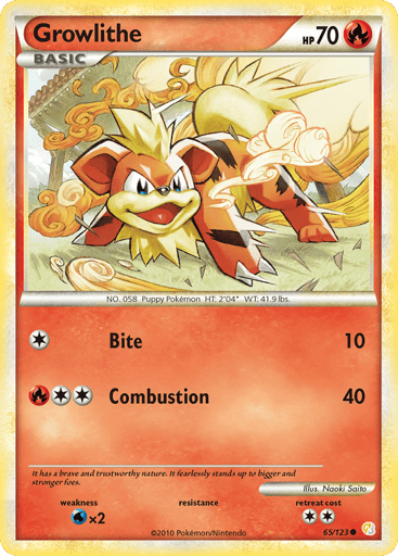 Growlithe  
HeartGold SoulSilver 
Product Details
Card Number / Rarity:65/123 / Common
Card Type / HP / Stage:Fire / 70 / Basic
Attack 1:[1] Bite (10)
Attack 2:[2R] Combustion (40)
Weakness / Resistance / Retreat Cost:Wx2 / / 2