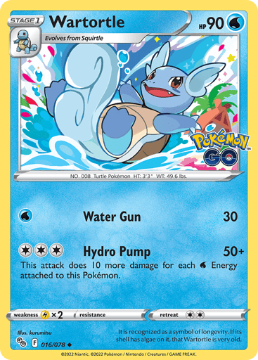Wartortle
Pokemon GO
Product Details
Card Number / Rarity:016/078 / Uncommon
Card Type / HP / Stage:Water / 90 / Stage 1
Attack 1:[W] Water Gun (30)
Attack 2:[3] Hydro Pump (50+)
This attack does 10 more damage for each W Energy attached to this Pokémon.
Weakness / Resistance / Retreat Cost:Lx2 / None / 2