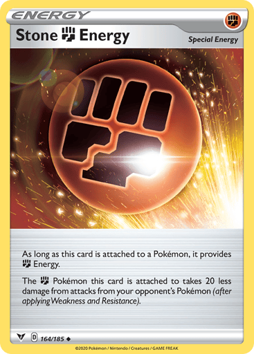 Stone Fighting Energy 
Vivid Voltage 
Product Details
Card Number / Rarity:164/185 / Uncommon
Card Type / HP / Stage:Special Energy / /
Card Text:As long as this card is attached to a Pokemon, it provides Fighting Energy.
The Fighting Pokemon this card is attached to takes 20 less damage from attacks from your opponent's Pokemon (after applying Weakness and Resistance).