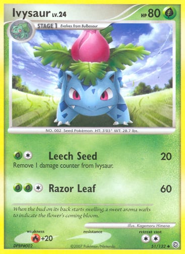Ivysaur  
Secret Wonders 
Product Details
Card Number / Rarity:51/132 / Uncommon
Card Type / HP / Stage:Grass / 80 / Stage 1
Attack 1:[1G] Leech Seed (20)
Remove 1 damage counter from Ivysaur.
Attack 2:[1GG] Razor Leaf (60)
Weakness / Resistance / Retreat Cost:R+20 / / 2