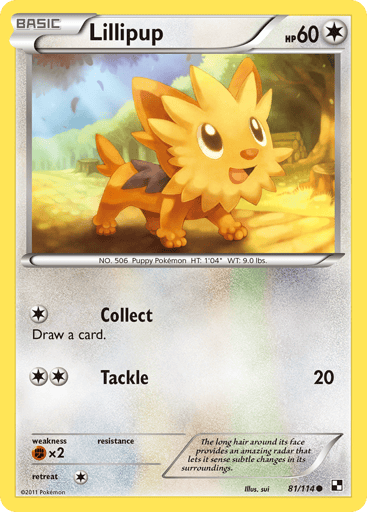 Lillipup  
Black and White 
Product Details
Card Number / Rarity:81/114 / Common
Card Type / HP / Stage:Colorless / 60 / Basic
Attack 1:[1] Collect - Draw a card.
Attack 2:[2] Tackle (20)
Weakness / Resistance / Retreat Cost:Fx2 / / 1